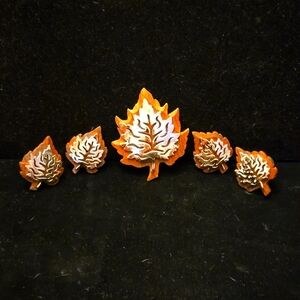 Vintage Wooden Maple Leaf Brooch, Earrings and Cuff Link Set